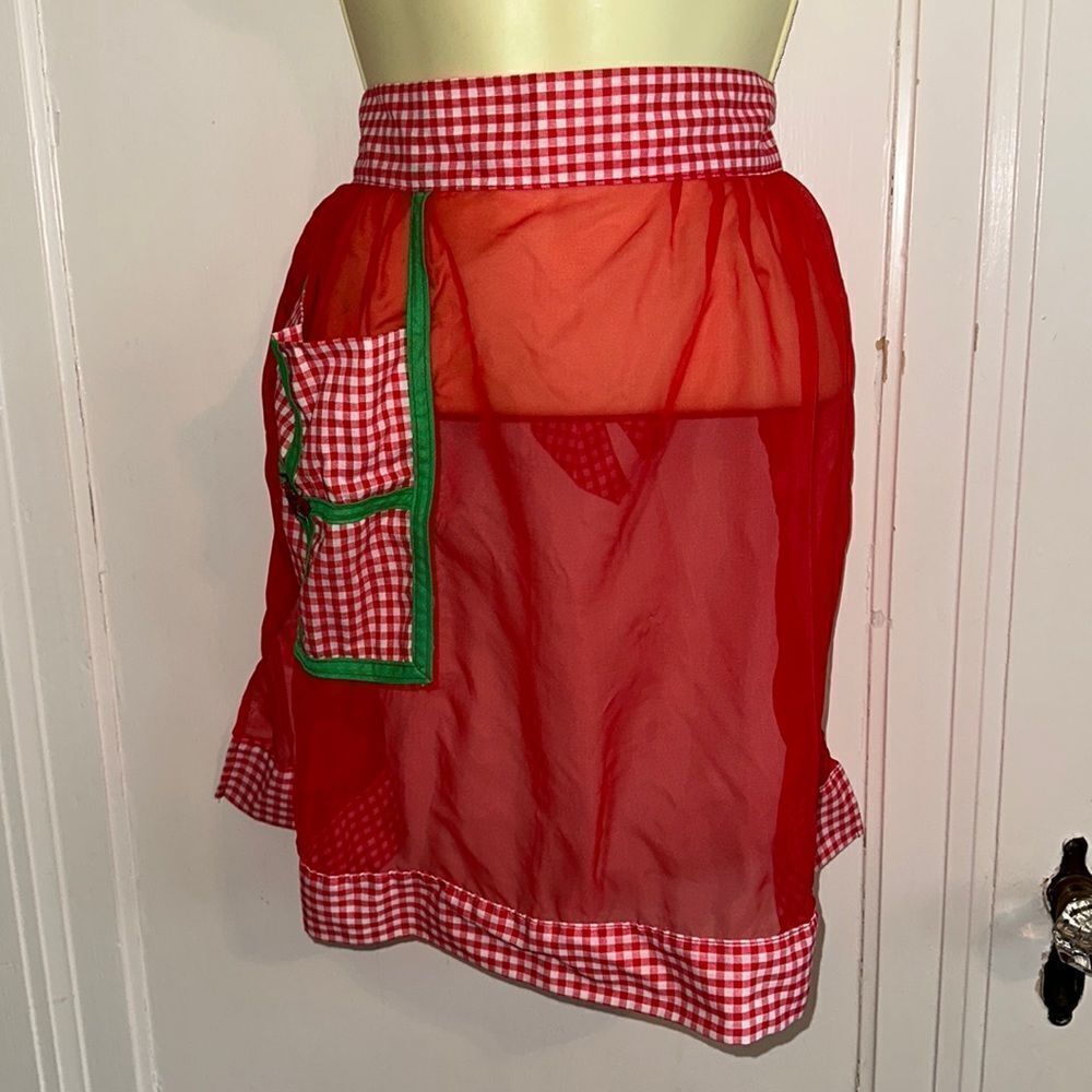 Vintage semi sheer polyester red, white & green Christmas apron